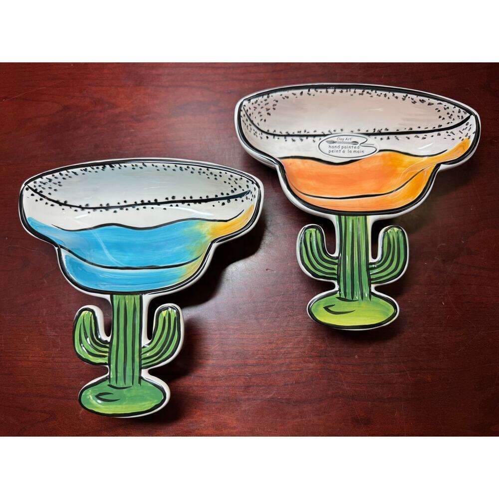 Ceramic Cactus Margarita Chip Salsa Appetizer Dip Bowl CLAY ART Excellent Cond.